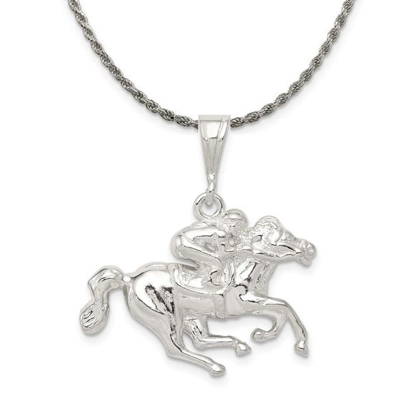 Sterling Silver Race Horse and Jockey Pendant Necklace - 24 Inch